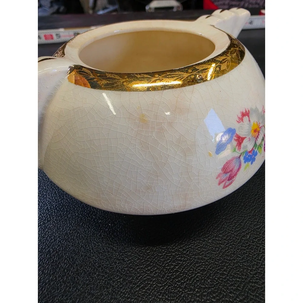 Vintage Floral Ceramic Sugar Bowl with Lid 22K Gold Trim Crazed Glaze Cream